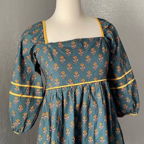 Entro Teal Floral Dress with Mustard Highlights - Picture 4 of 6